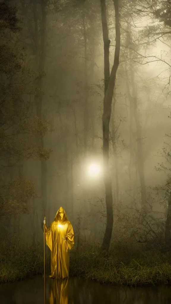 Image similar to photo of a mystical figure in golden robes sneaking through a swamp in the fog, cinematic lighting, highly detailed, horror