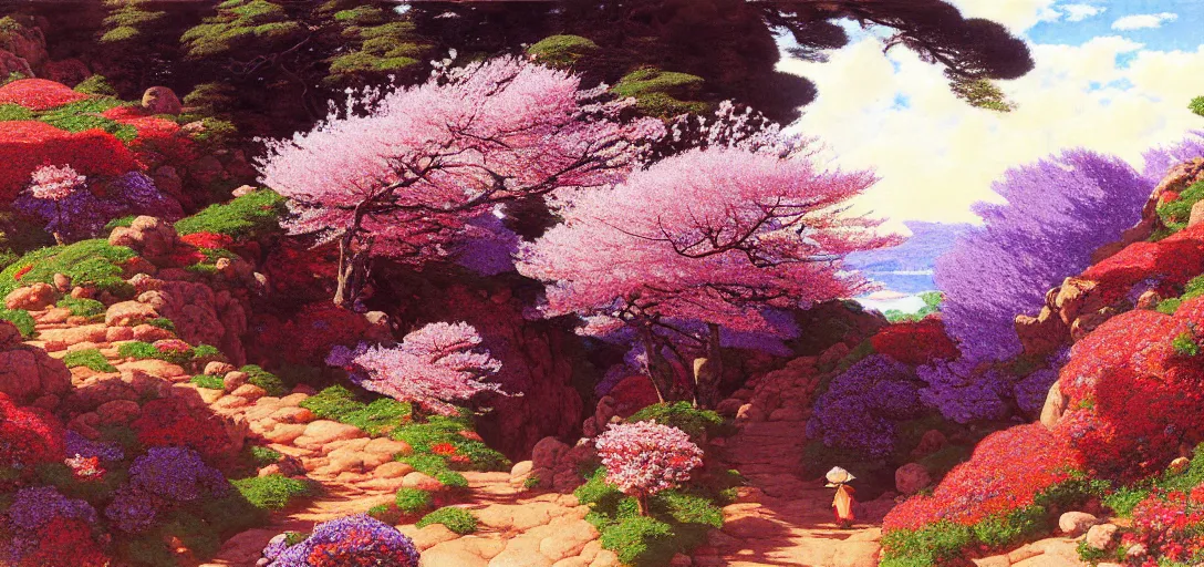 Image similar to ghibli illustrated background of a trail leading through a strikingly beautiful landform with strange rock formations and red water, purple flowers and cherry blossoms by vasily polenov, eugene von guerard, ivan shishkin, albert edelfelt, john singer sargent, albert bierstadt 4 k