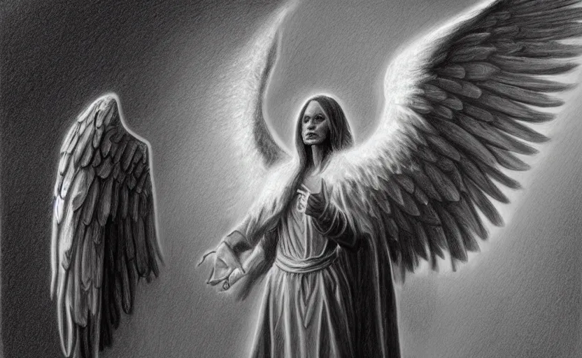 Image similar to a striking portrait of the angel of death meeting god, hyperrealistic drawing by philip weber