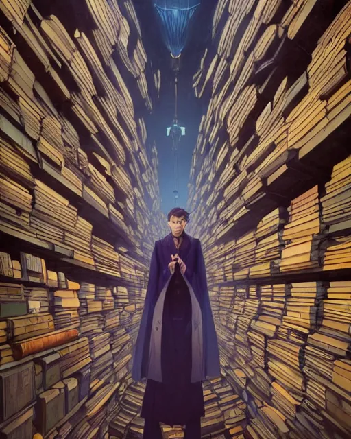 Image similar to highly detailed surreal vfx portrait of a villain in a catacomb of books, stephen bliss, unreal engine, greg rutkowski, loish, rhads, beeple, makoto shinkai and lois van baarle, ilya kuvshinov, rossdraws, tom bagshaw, alphonse mucha, global illumination, detailed and intricate environment