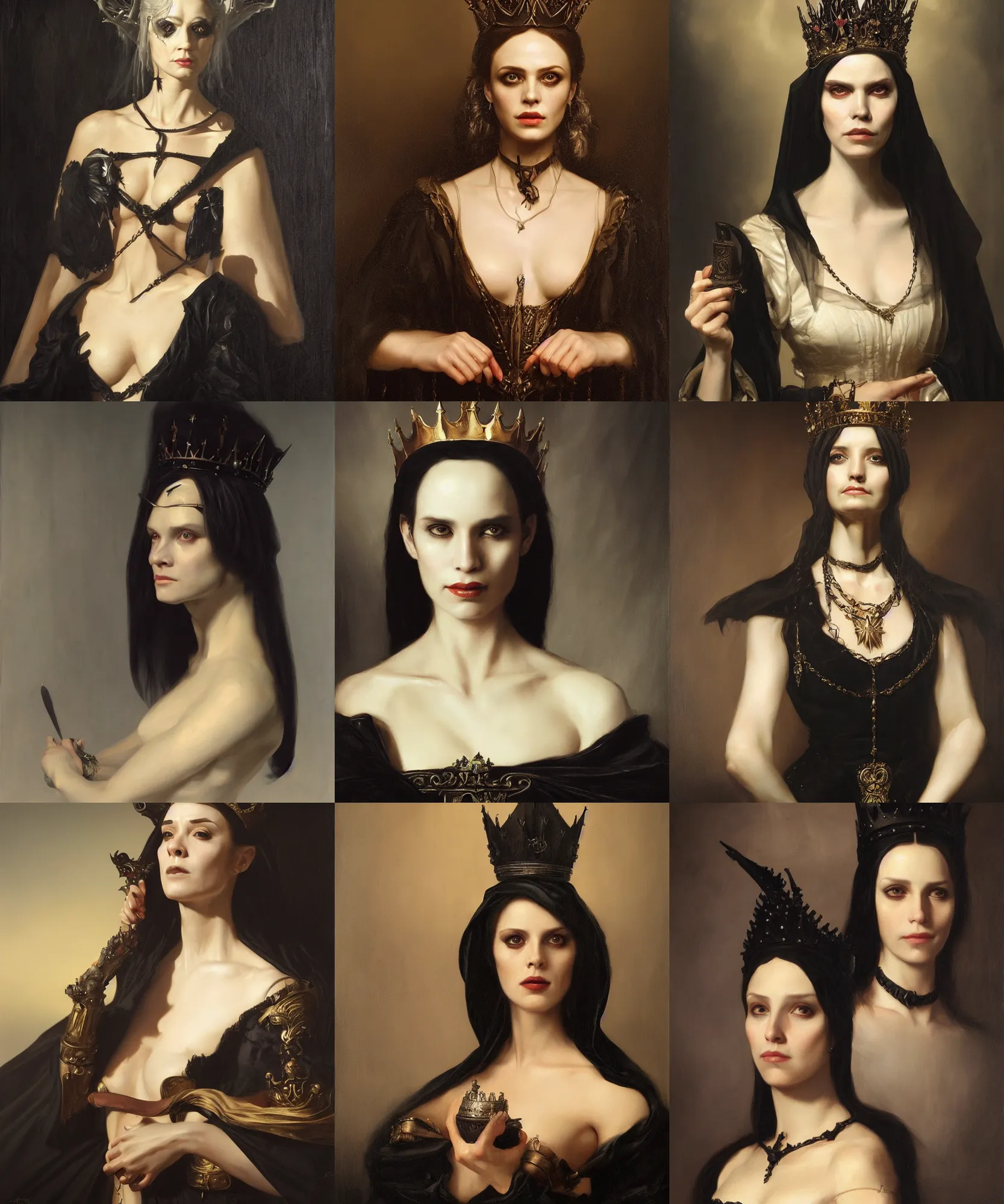 Prompt: The portrait of Lady in black wax crown by Roberto Ferri, dark fantasy, witcher, very detailed oil painting, masterpiece, 8k