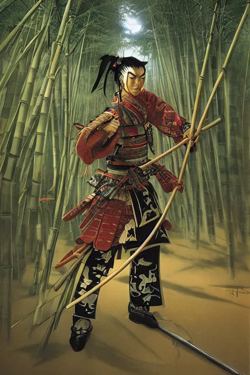 Prompt: samurai general in dark japanese bamboo forest with light shafts, by travis charest, jesper ejsing