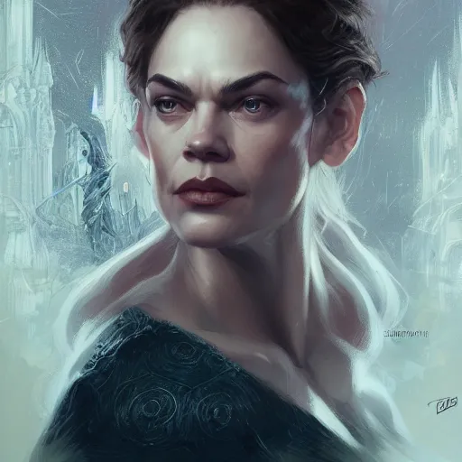 Image similar to a portrait of ruth wilson as a sorceress, urban motifs, intricate, elegant, highly detailed, digital painting, trending on artstation, concept art, smooth sharp focus, illustration, art by artgerm and greg rutkowski