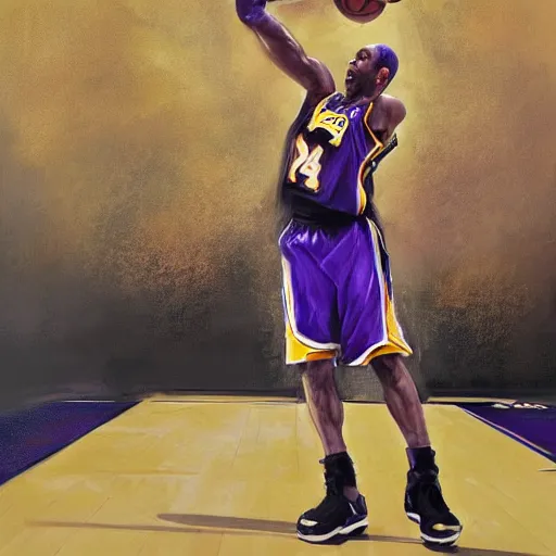 Prompt: a hyperdetailed digital oil painting of Kobe Bryant shooting on the basketball court in the 2010 Finals in the style of Guy Denning and Ruan Jia. Trending on ArtStation and DeviantArt. Digital art