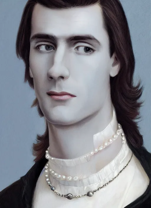 Prompt: a very skinny young white male close-up portrait of young white male, with long dark brown slicked back hair shoulder length slicked back hair, with pearl necklace and pearl earing, in the museum, in white turtleneck shirt, Tarzan, painting in the museum, highly detailed, sharp focus, digital painting