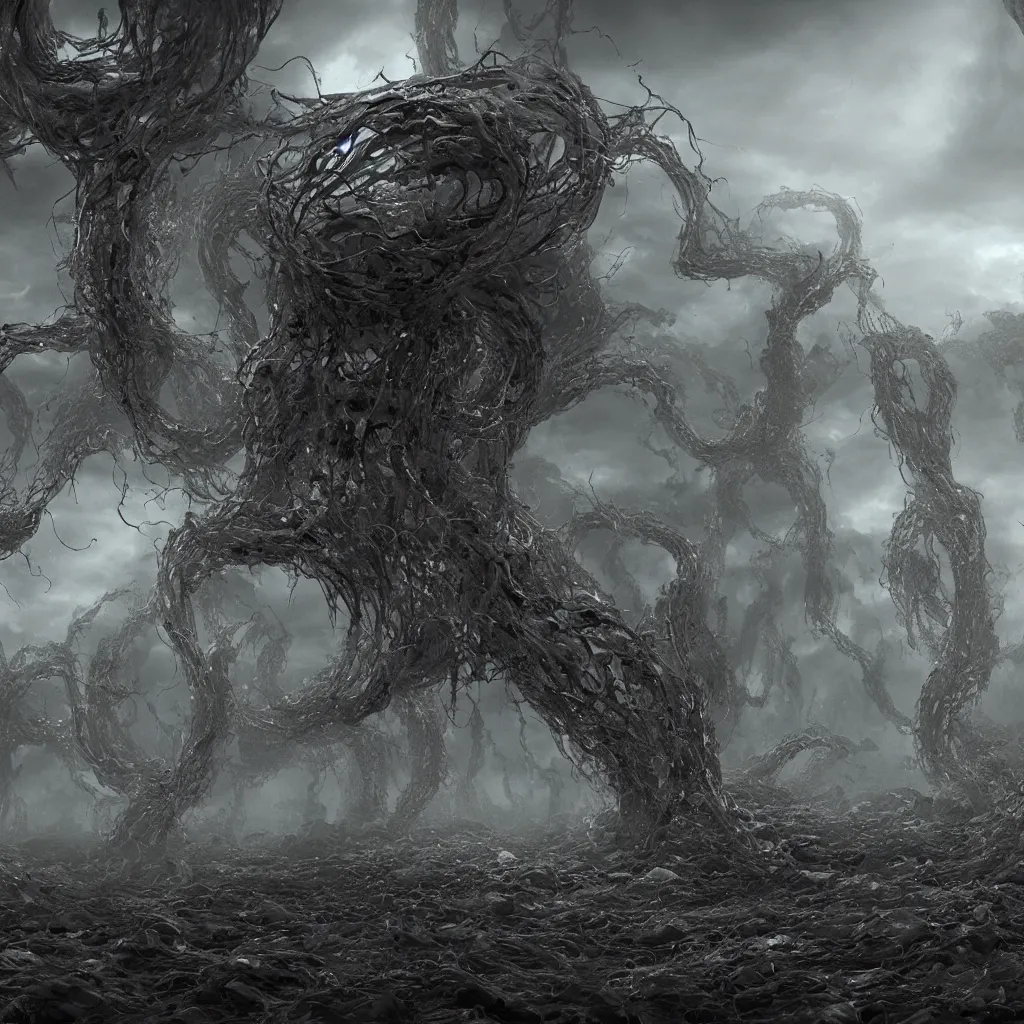 Image similar to daemon eyes observing all of existence from within the tendril-covered sanctums floating in the sky, volumetric lighting, unreal engine 5, harrowing apocalyptic atmosphere, photorealistic, unnerving, hyperdetailed 3d matte painting, hyperrealism, hyperrealistic, cinematic masterpiece, fantasy horror style 8k ultrahd octane render