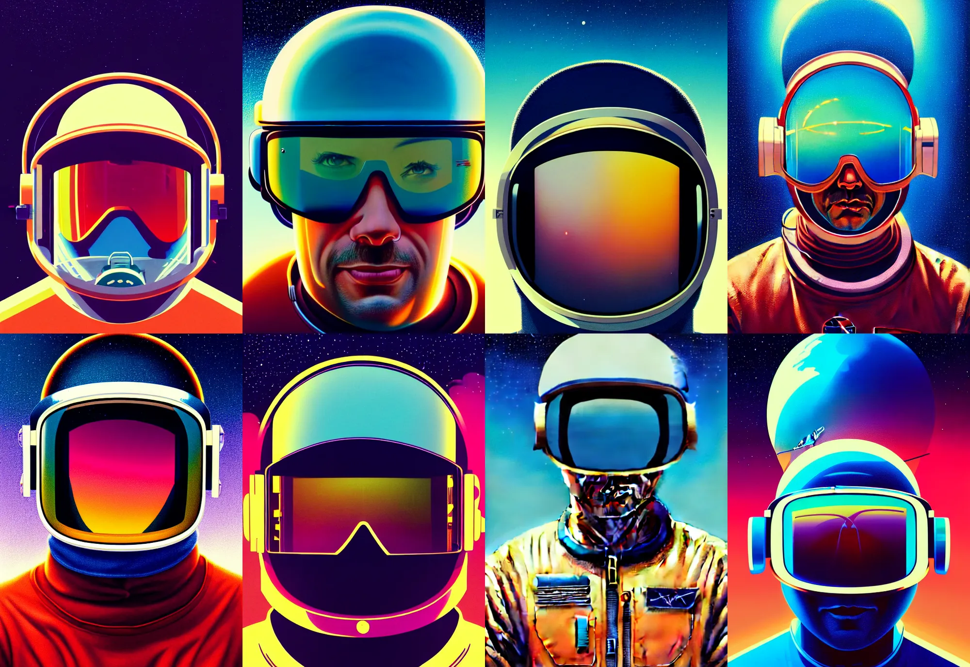 Prompt: retrofuturistic portrait of a man with sunglasses in astronaut helmet, smooth transparent visor, reflective gradient, detailed space graphics in background, close up, quint buchholz, wlop, dan mumford, artgerm, liam brazier, peter mohrbacher, raw, featured on artstation, octane render, cinematic, elegant, intricate, 8 k