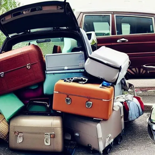 Prompt: a car totally overloaded with hundreds of suitcases and stuff