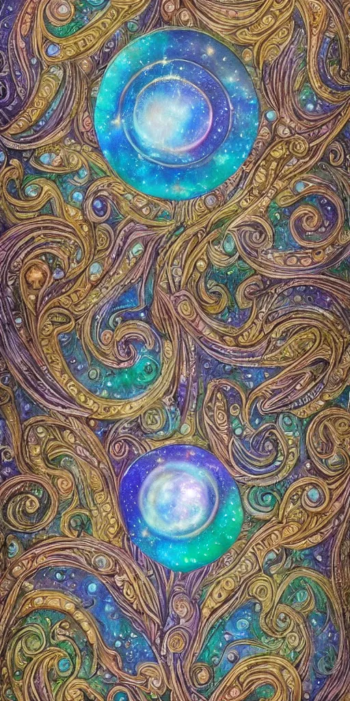 Image similar to intricate colourfully painted carved Soapstone relief paneling, iridescent, pearl and pale blue toned, celestial, cosmos, galaxies, planets, divinity, moon goddess, mother earth, Earth Goddess mythology, Gaia, angels, dream atmosphere, bright colors, vivid colors, Ghostly, crystaline celtic, insanly detailed , artstation, wallpaper, hyper realistic, realistic lighting