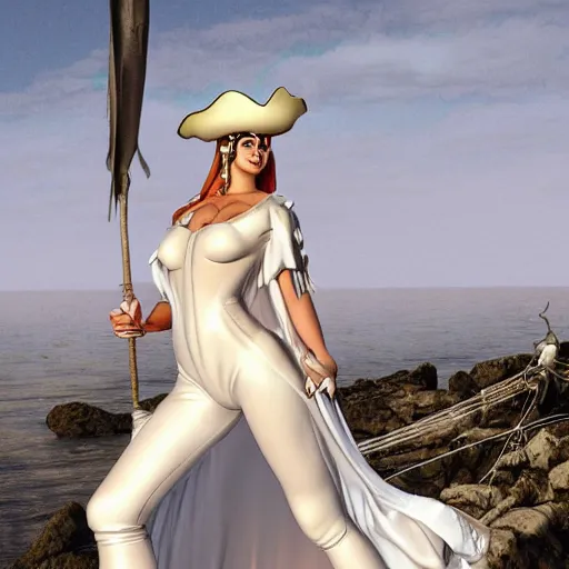 Image similar to gullivera wearing a white dress and a pirate hat, black long boots, octane render, by milo manara, 3 d