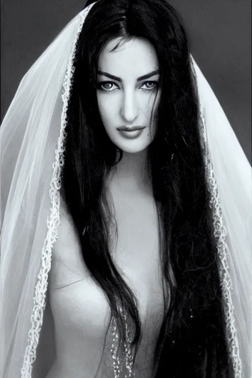 Image similar to young arab Monica Bellucci, blue eyes, long wavy black hair, white veil, closeup, focus, colored, middle eastern