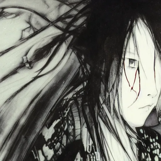 Image similar to yoshitaka amano blurred and dreamy of an anime girl with black eyes, wavy white hair and cracks on her face near eyes wearing elden ring armour with the cape fluttering in the wind, abstract black and white patterns on the background, noisy film grain effect, highly detailed, renaissance oil painting, weird portrait angle