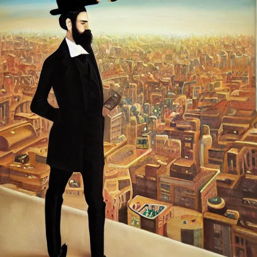 Prompt: A beautiful painting of a man with a beard and a top hat, looking over a cityscape. lomography by Mark Ryden swirling