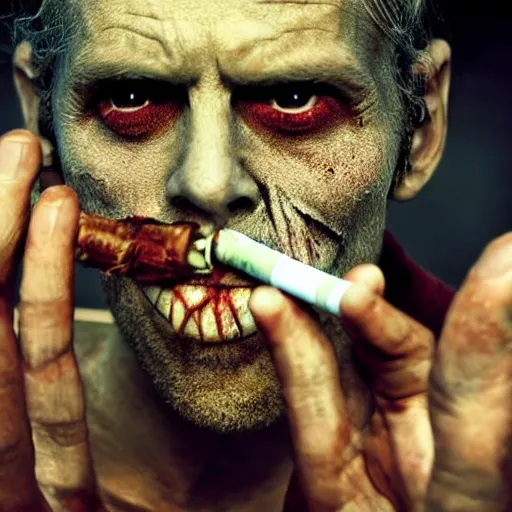 Image similar to horrific cinematic image of zombie smoking a cigarette