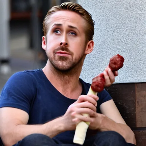 Prompt: Ryan Gosling eating sausage