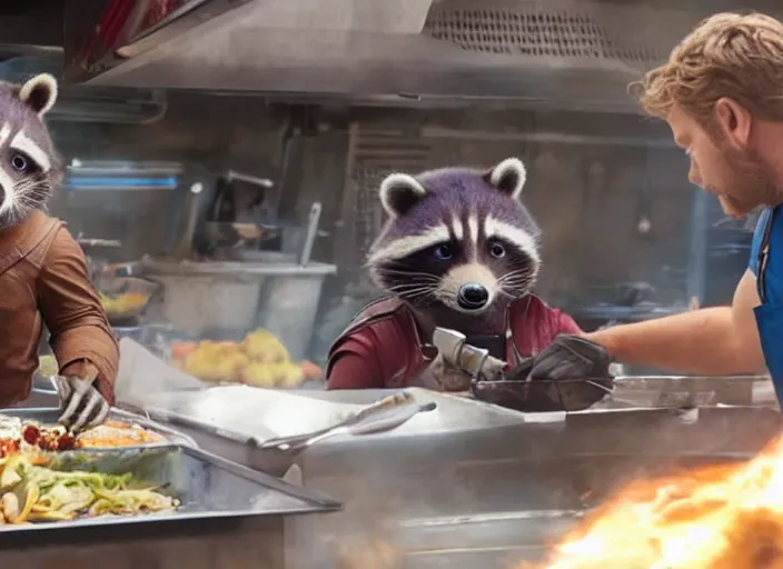 Image similar to film still of Rocket Racoon working as a food truck chef in the new Guardians of the Galaxy movie, 4k