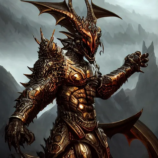 Image similar to dark fantasy concept of dragon kin god, with dark steel and dragon scale armor on a mountain, cinematic, dynamic lighting, photorealistic, ultra detailed, trending on art station, stunning visuals, creative, hyper detailed