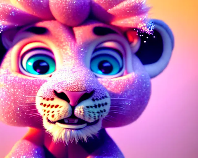 Image similar to a cute baby lion, big eyes, soft fur texture, pastel colours, colorful, glitter crystals, cute, pixar animation style, detailed, soft light, octane render, 4 k,