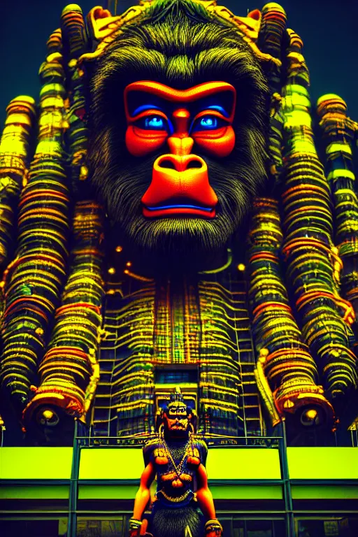 Image similar to high quality 3 d render hyperrealistic cyberpunk hanuman head building, neon yellow madhubani, highly detailed, in sci - fi mumbai, unreal engine cinematic smooth, liam wong, moody light, low angle, uhd 8 k, sharp focus