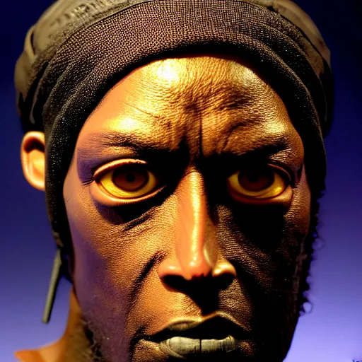 Image similar to deceptively real wax figure of Dezel Washington in Book of Eli by Madame Tussauds, face closeup