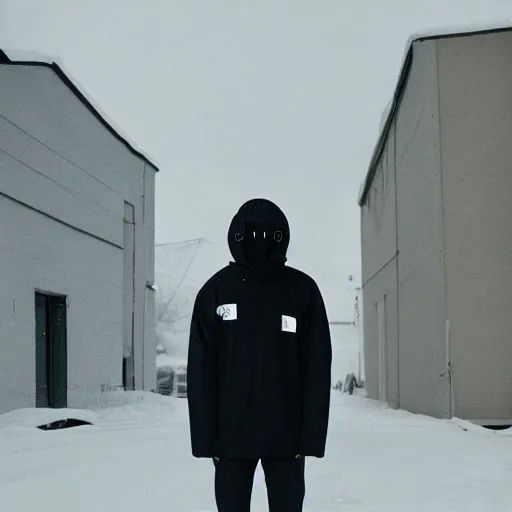 Image similar to realistic! photoshoot for a new the north face lookbook, color film photography, portrait of a beautiful woman wearing a balaclava mask, photo in style of tyler mitchell, 35mm lens