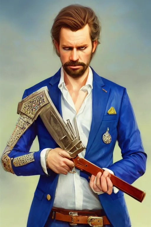 Prompt: a swedish man in a blue suit with a jeweled sword and a pistol, highly detailed, d & d, fantasy digital painting, trending on artstation, concept art, sharp focus, illustration, global illumination, ray tracing, realistic shaded, art by artgerm and greg rutkowski and fuji choko and viktoria gavrilenko and hoang lap