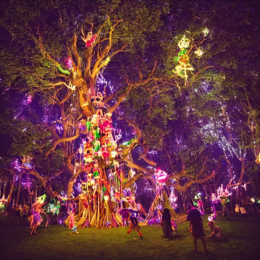 Prompt: a night carnival fairies around a magical tree next to a lake with iridiscent water, christmas lights, volumetric lightning, creatures and fantastic people disguised as fantastic creatures in a magical forest by summer night, masterpieceunderwater scene, masterpiece painted by slim aarons, scene by night