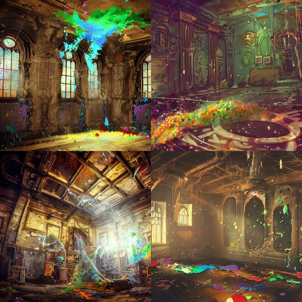 Prompt: prompt nikitos, multi - colored slime and debris pouring from the ceiling in a large gothic cracked steampunk room