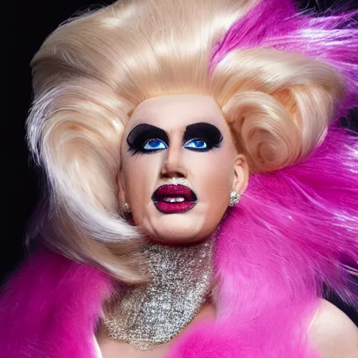 Prompt: 4k detailed portrait of Donald Trump as a drag queen (man in drag with an expression of shock and surprise) wearing: heavy drag makeup, pink glitter mermaid gown, white satin gloves, huge blonde wig with bouffant hairdo