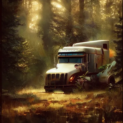 Image similar to a truck in the woods, digital art by ruan jia and mandy jurgens and artgerm, highly detailed, trending on artstation, award winning