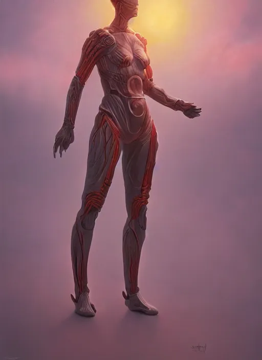 Prompt: biblical female android, hexagonal pattern on skin, glowing veins, in clouds, sunset, portrait by wayne barlowe, studio lighting, muted colors, by frank frazetta, extreme detail, reflections, trending on artstation, 8 k