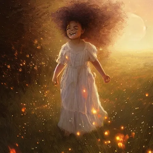 Prompt: A little girl with curly brown hair with a happy expression wearing a summer dress dancing with fireflies, fantasy art by Greg Rutkowski