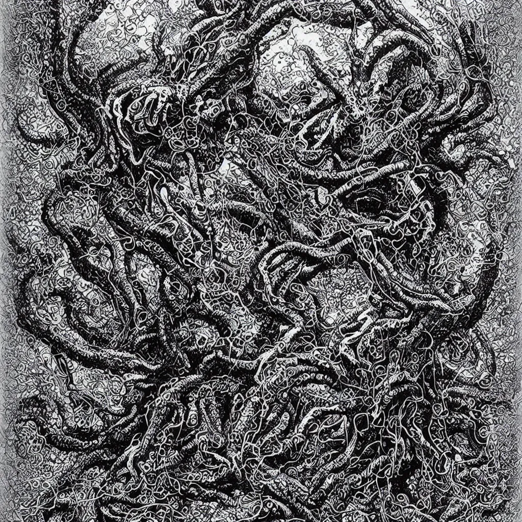 Image similar to portrait of Cthulhu by Dan Hillier, intricate, lovecraftian, black and white and gold