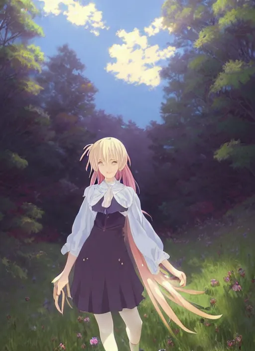 Image similar to Painting of a cottagecore witch with side-shaved strawberry hair in the style of Violet Evergarden, beautiful anime art style, winged eyelashes, countryside, calm, fantasy character portrait, dark outlines, dynamic pose, above view, sunny day, artwork by Makoto Shinkai, very coherent asymmetrical artwork, sharp edges, perfect face, simple form, 100mm