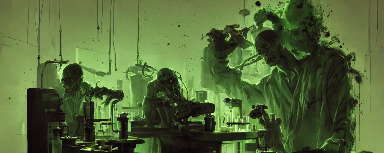 Prompt: duotone noir dark ghastly green concept illustration 3 / 4 portrait of frankenstein becoming alive in laboratory. cinematic scene film noir. volumetric lighting. golden rario accidental renaissance. by sachin teng and sergey kolesov and ruan jia and heng z. graffiti art, scifi, fantasy, hyper detailed. octane render. concept art. trending on artstation