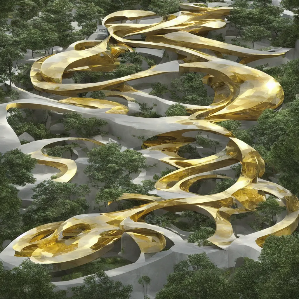 Image similar to “ an incredibly smooth curvilinear architectural complex spatial sculpture, unfolding continuously golden surfaces enclose a visually interesting japanese zen garden designed by zaha hadid, architecture render, vray ”