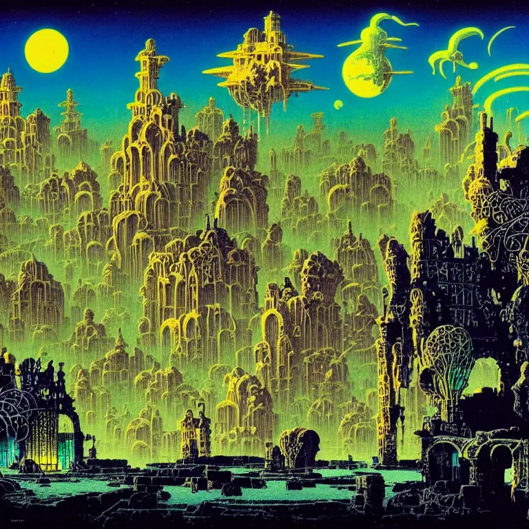 Prompt: mysterious ghost ships hovering over desolate ruins, bright neon colors, highly detailed, cinematic, hiroo isono, tim white, philippe druillet, roger dean, lisa frank, aubrey beardsley, eyvind earle, ernst haeckel