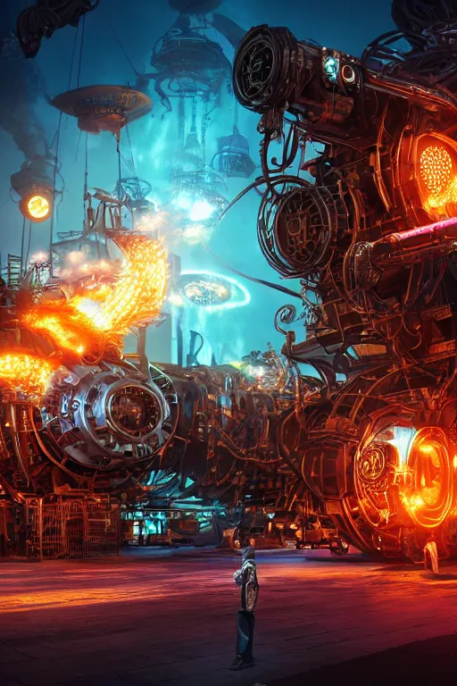 Image similar to a movie poster, invasion of the tripmachines, realistic digital art, 3 d render of two huge futuristic steampunk generators inside a steampunk machinery, 8 k, fluorescent colors, halluzinogenic, multicolored, exaggerated detailed, unreal engine