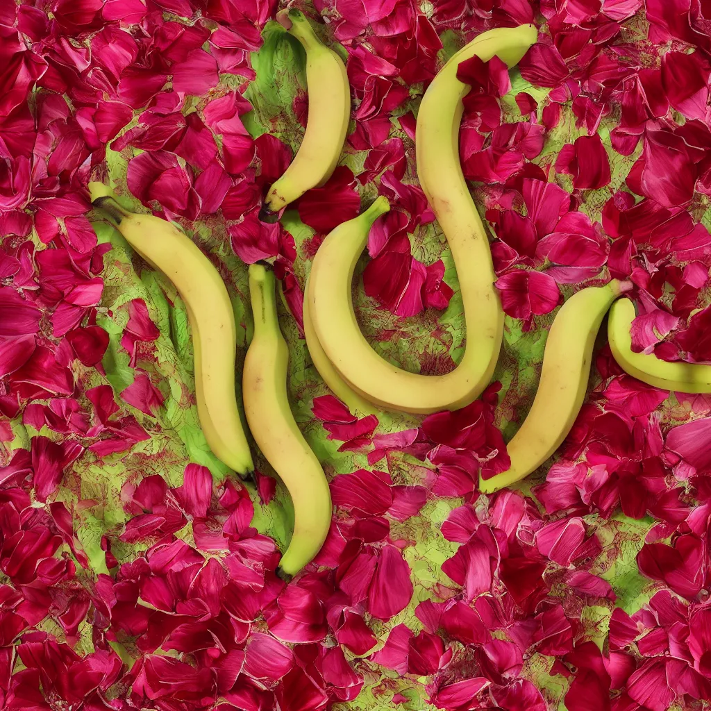 Prompt: high fashion haute couture scaled bananas, and form a complex fractal vegetable foliage, with red petals and shiny stems, mesh roots, hyper real, food photography, high quality