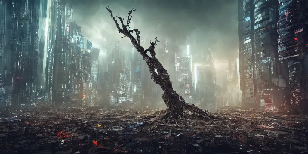 Image similar to a terrifying tree destroying a dystopian city, cyberpunk, sharp focus, dynamic lights, still, photograph, hyper realistic, masterpiece, octane render, rendered, 3 d, cinematic, cinematic lighting, dramatic lighting, highly detailed, intricate details, texture, cinematic composition, wide shot, by donglu yu and kevin jick and eddie del rio