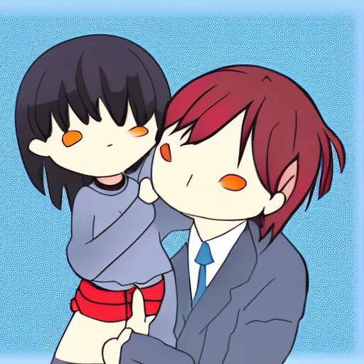 Image similar to a chibi mum with a chibi dad hugging their chibi daugher