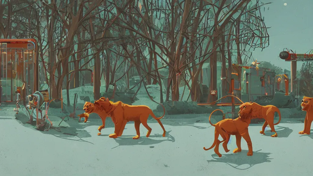 Image similar to lions at a retro-futuristic zoo for robot animals, painting by Simon Stalenhag