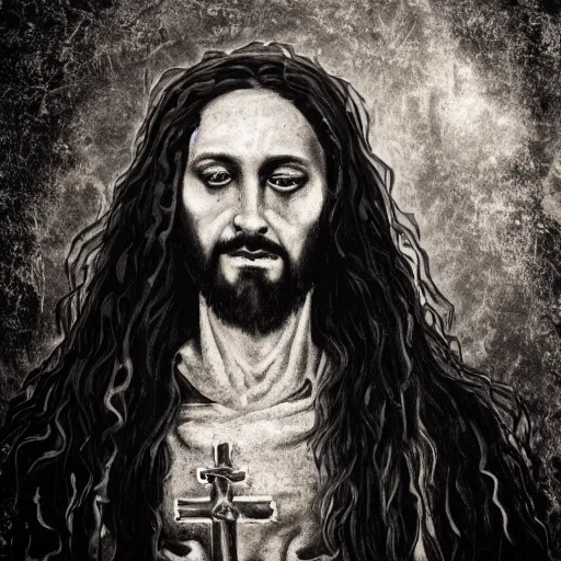 Image similar to studio photo of jesus in a black metal band, studio portrait