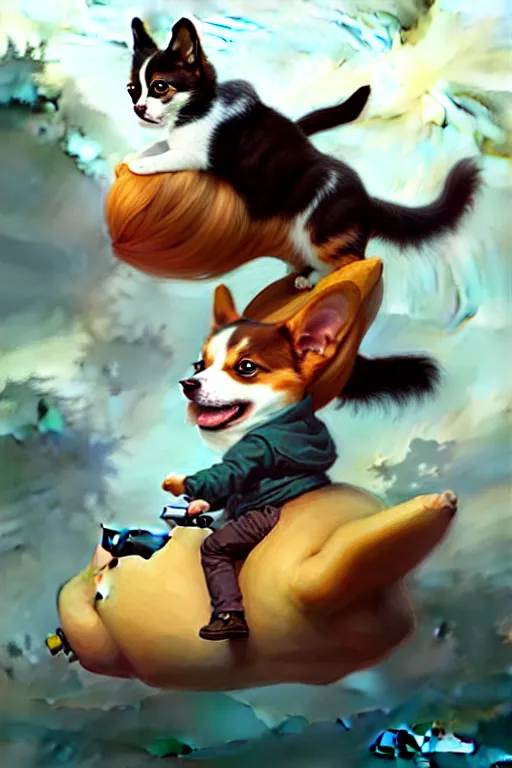 Image similar to tiny cat girl riding on the back of a giant corgi by greg rutkowski