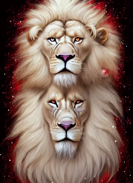 Image similar to award winning beautiful portrait commission of a male furry anthro albino lion with tattoos on his muscular belly with a beautiful hyperdetailed face wearing a golden and red winter handcrafted outfit with red gradient background and white snow falling around lion. Character design by charlie bowater, ross tran, and makoto shinkai, detailed, inked, western comic book art