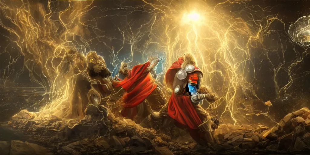 Prompt: Thor god of thunder and artificial intelligence creating the first artificial neural network with synapses on an anvil, high resolution, award winning art, trending on art station, sharp image, incredibly detailed,