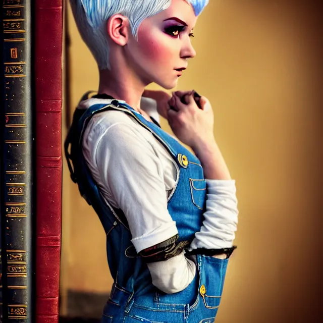 Image similar to full body pose, beautiful adult fairy, pixar, short white hair shaved sides, dirty, grungy, grunge, long sleeve, painted overalls, stacks of giant books, highly detailed, 4 k, hdr, smooth, sharp focus, high resolution, award - winning photo, artgerm, photorealistic