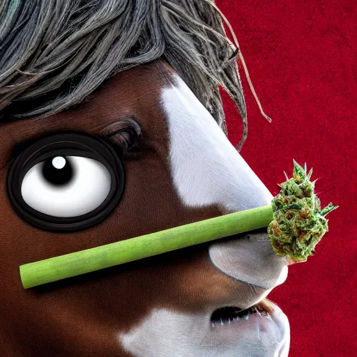 Prompt: close up photograph of very high on weed anthropomorphic horse, stoner eyes, the horse smoked weed, weed background, smoking a blunt, 8 k resolution