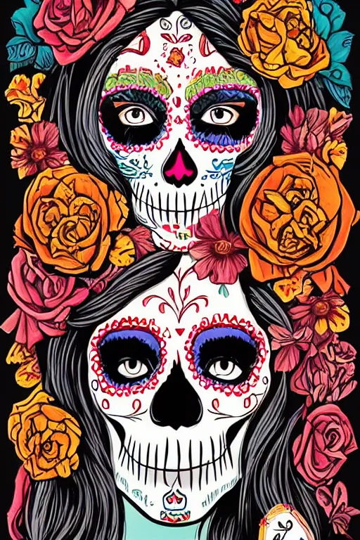 Prompt: Illustration of a sugar skull day of the dead girl, art by tim doyle