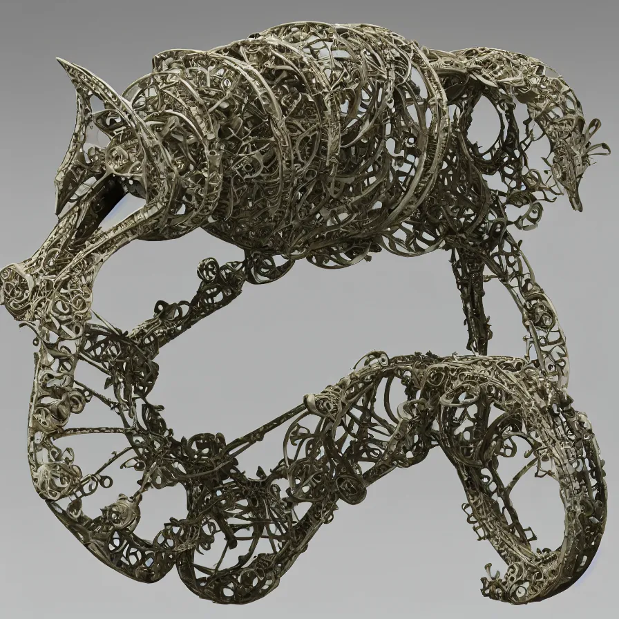 Prompt: beautiful gallery show studio photograph of a giant realistic round biomechanical ceramic sculpture of a plough horse, fractal 3 d structure, celadon glaze, placed on a polished wooden table, colorful hyperrealism 8 k trending on artstation
